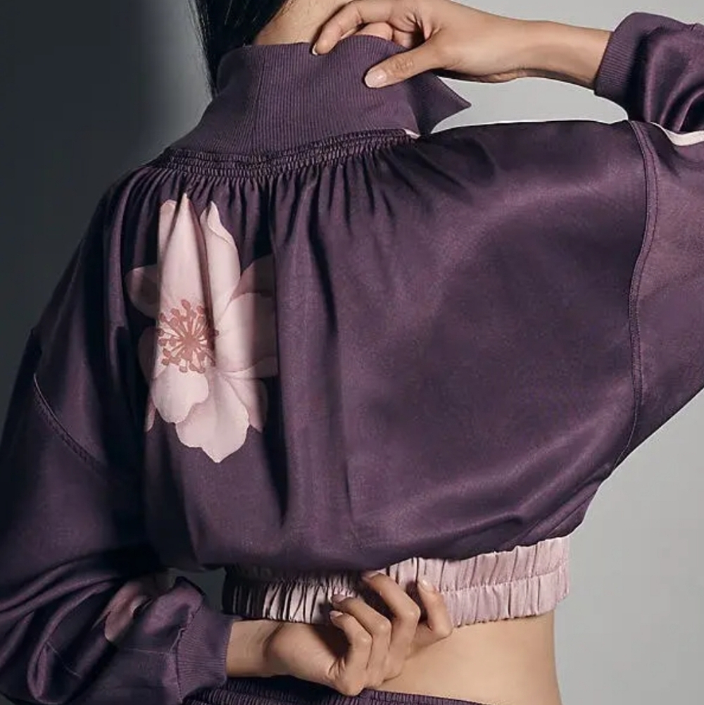 Purple Satinny Floral Crop Bomber Jacket w/wideleg Track Pant match L - Picture 3 of 8